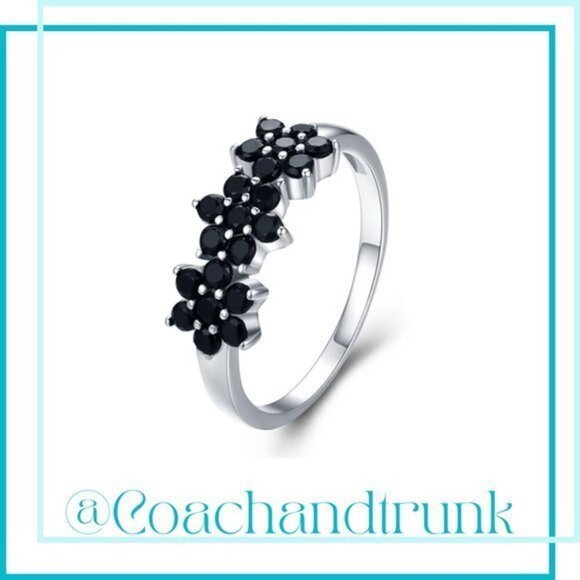 Black Spinel Prong Set 3 Flower Sterling Silver Band Ring Size 7 - Picture 1 of 5